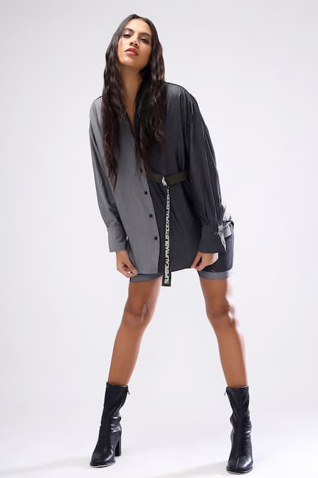 Buy_Scribbology_Grey Tencel Collared Superlife Colorblock Shirt And Shorts Set _Online_at_Aza_Fashions