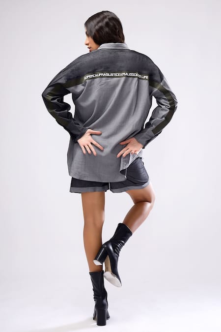 Shop_Scribbology_Grey Tencel Collared Superlife Colorblock Shirt And Shorts Set _Online_at_Aza_Fashions