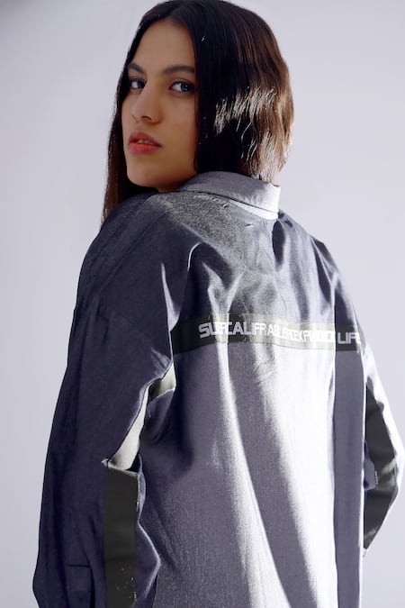 Scribbology_Grey Tencel Collared Superlife Colorblock Shirt And Shorts Set _at_Aza_Fashions