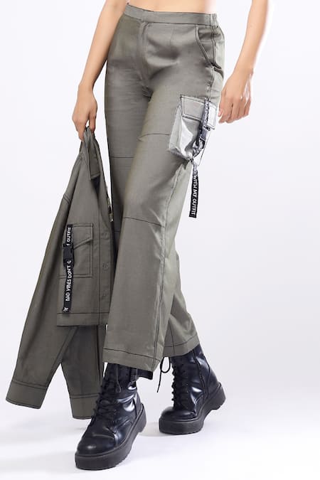 Scribbology_Green Tencel Embroidery Collared, Bandeau Neck Typography Jacket Pant Set _Online_at_Aza_Fashions