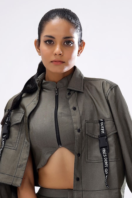 Shop_Scribbology_Green Tencel Embroidery Collared, Bandeau Neck Typography Jacket Pant Set _Online_at_Aza_Fashions