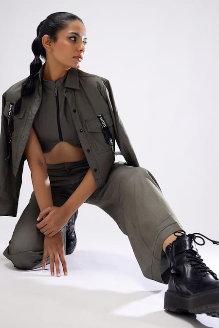 Scribbology_Green Tencel Embroidery Collared, Bandeau Neck Typography Jacket Pant Set _at_Aza_Fashions