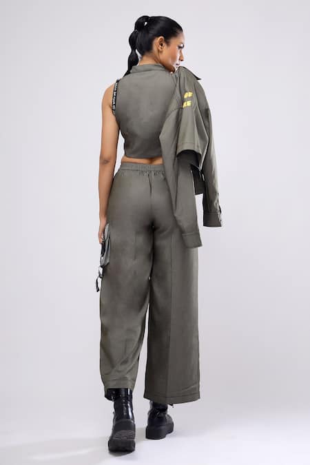 Buy_Scribbology_Green Tencel Embroidery Collared, Bandeau Neck Typography Jacket Pant Set 