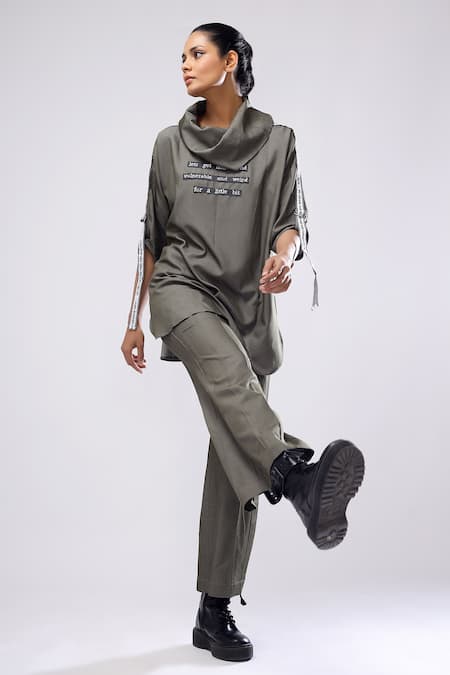 Scribbology_Green Tencel Embroidery Cowl Neck Typography Top And Flared Pant Set _Online_at_Aza_Fashions