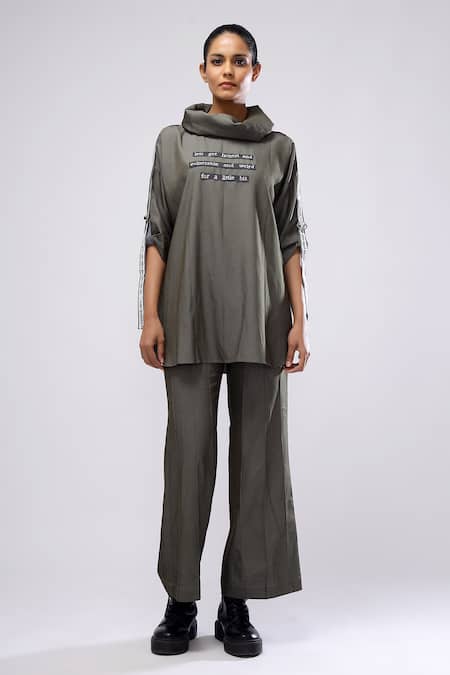 Buy_Scribbology_Green Tencel Embroidery Cowl Neck Typography Top And Flared Pant Set _Online_at_Aza_Fashions
