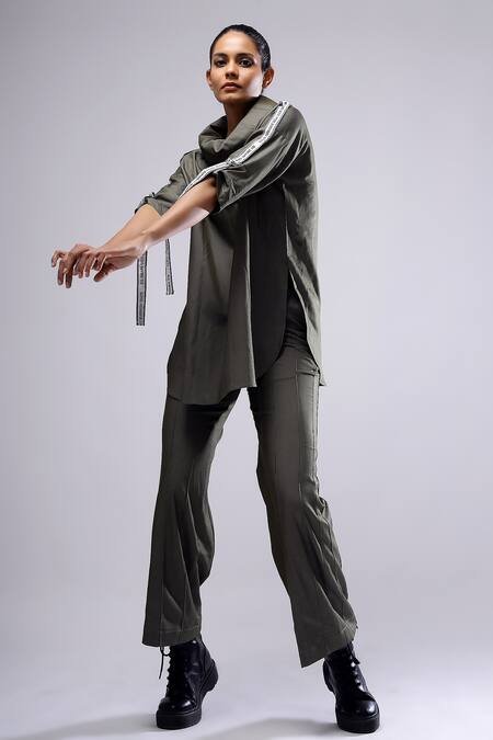 Scribbology_Green Tencel Embroidery Cowl Neck Typography Top And Flared Pant Set _at_Aza_Fashions