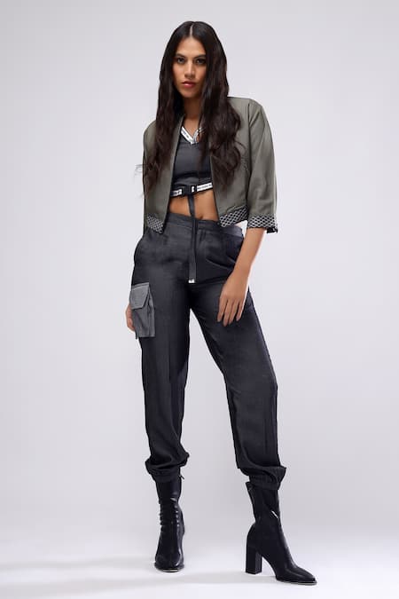 Buy_Scribbology_Gray Tencel Embroidery Mandarin Collar, V-neck Bomber Jacket And Track Pant Set _Online_at_Aza_Fashions