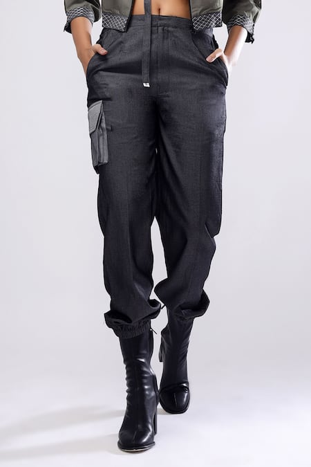 Scribbology_Gray Tencel Embroidery Mandarin Collar, V-neck Bomber Jacket And Track Pant Set _at_Aza_Fashions