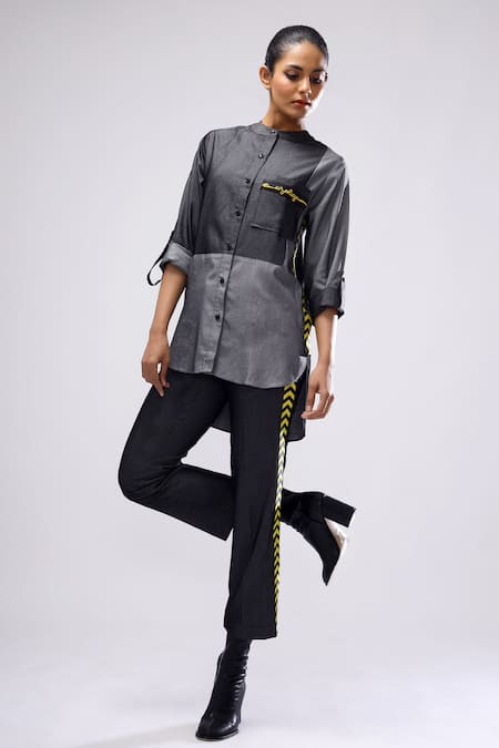 Scribbology_Grey Tencel Embroidery Mandarin Unplug Colorblock Shirt And Tapered Pant Set _Online_at_Aza_Fashions