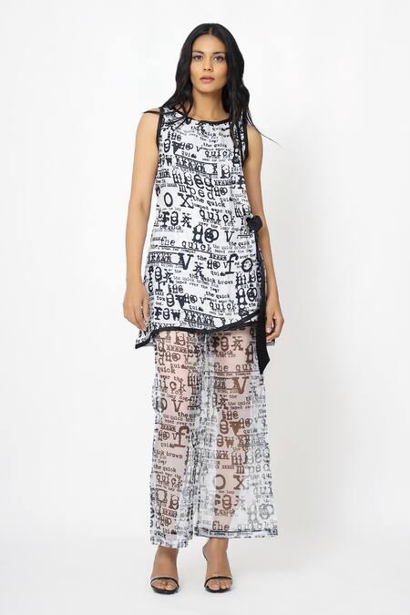 Scribbology_White Georgette Round Neck Typography Print Top And Pant Set _Online_at_Aza_Fashions