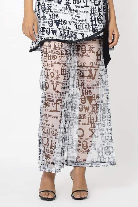 Buy_Scribbology_White Georgette Round Neck Typography Print Top And Pant Set _Online_at_Aza_Fashions