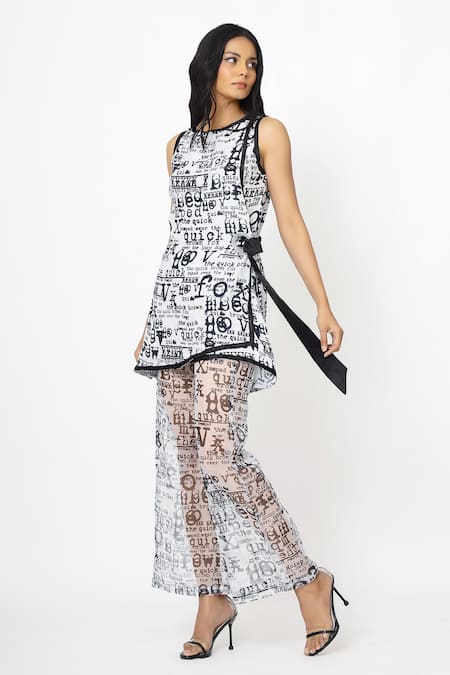 Scribbology_White Georgette Round Neck Typography Print Top And Pant Set _at_Aza_Fashions