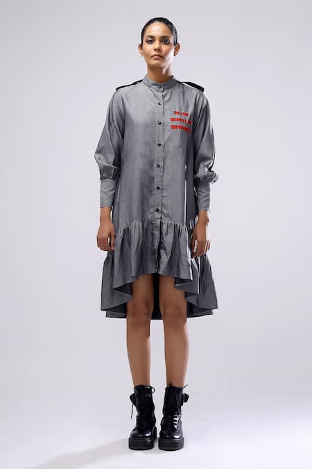 Scribbology Grey Tencel Embroidery Typographic Mandarin Collar High Drama Dress 