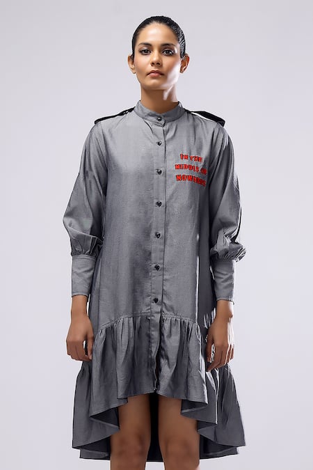Scribbology_Grey Tencel Embroidery Mandarin Collar High Drama Typography Dress _Online_at_Aza_Fashions