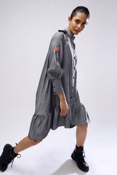 Shop_Scribbology_Grey Tencel Embroidery Mandarin Collar High Drama Typography Dress _Online_at_Aza_Fashions