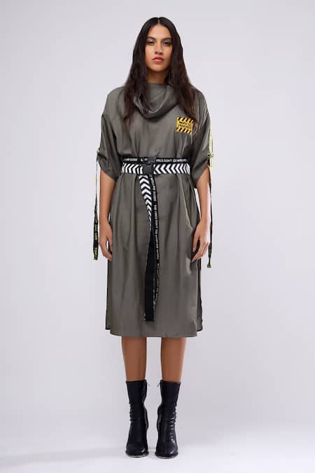 Scribbology_Grey Tencel Embroidery, Ribbons Cowl Neck Wip Placement Dress _Online_at_Aza_Fashions