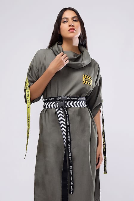 Buy_Scribbology_Grey Tencel Embroidery, Ribbons Cowl Neck Wip Placement Dress _Online_at_Aza_Fashions