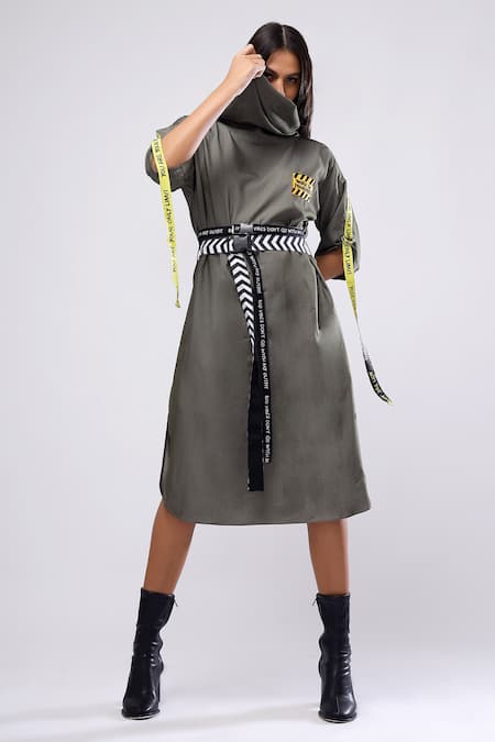 Shop_Scribbology_Grey Tencel Embroidery, Ribbons Cowl Neck Wip Placement Dress _Online_at_Aza_Fashions