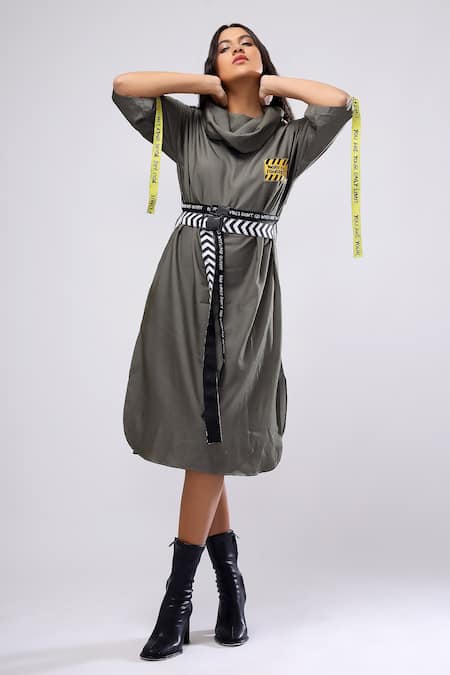 Scribbology_Grey Tencel Embroidery, Ribbons Cowl Neck Wip Placement Dress _at_Aza_Fashions