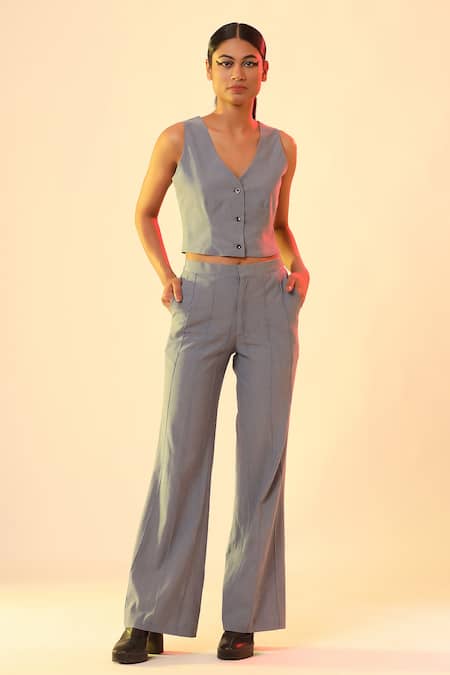 Scribbology_Blue Tencel Embroidery Open Neck, Jacket And Pant Set _Online_at_Aza_Fashions