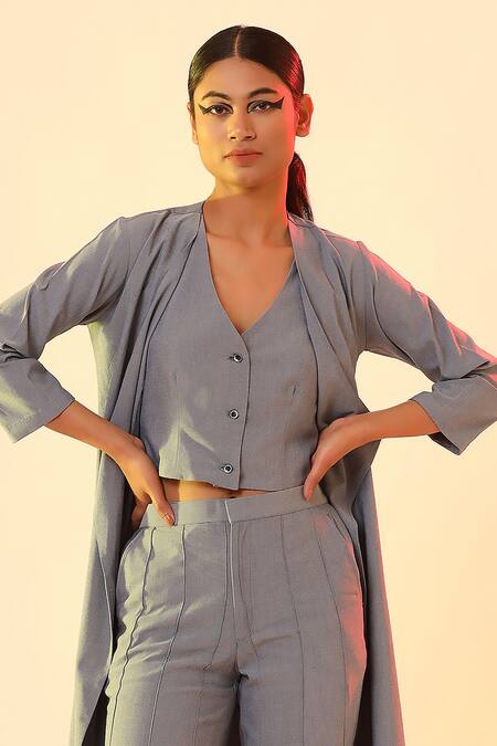 Shop_Scribbology_Blue Tencel Embroidery Open Neck, Jacket And Pant Set _Online_at_Aza_Fashions