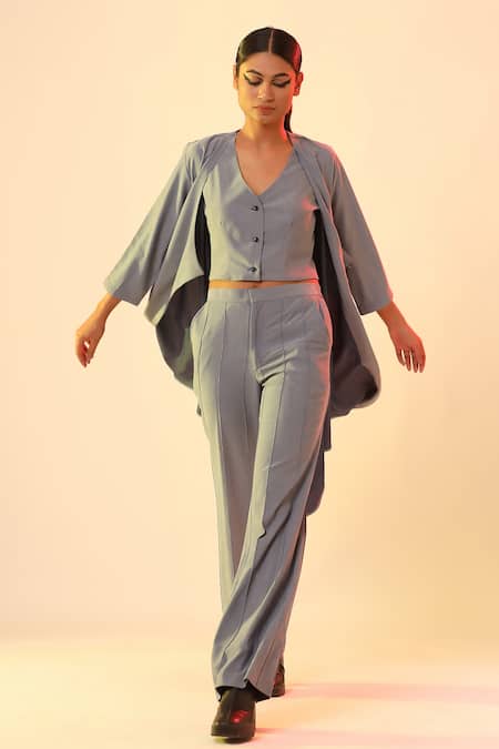 Scribbology_Blue Tencel Embroidery Open Neck, Jacket And Pant Set _at_Aza_Fashions