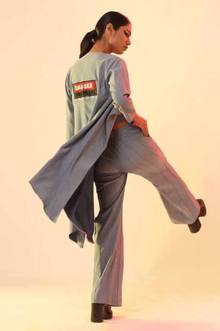 Buy_Scribbology_Blue Tencel Embroidery Open Neck, Jacket And Pant Set 