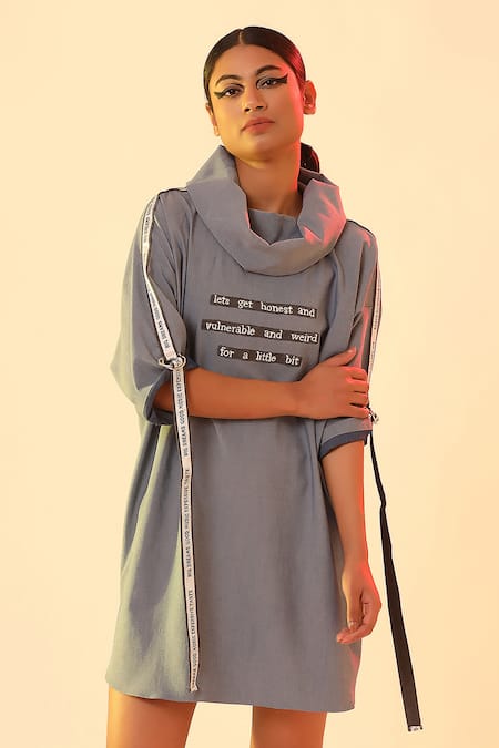 Buy_Scribbology_Blue Tencel Cowl Neck Typography Embroidered Dress _Online_at_Aza_Fashions