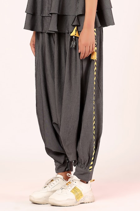 Scribbology_Black Tencel Tassels V-neck Text Embroidered Top With Harem Pant _Online_at_Aza_Fashions