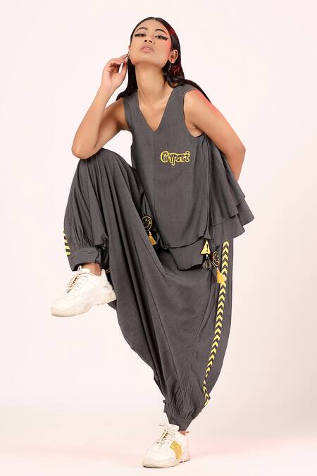 Buy_Scribbology_Black Tencel Tassels V-neck Text Embroidered Top With Harem Pant _Online_at_Aza_Fashions