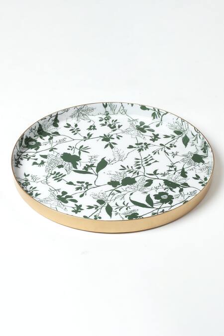 Shop_Vvyom By Shuchita_Green Aluminium Metal Print Floral Bloom Verbena Trays - 2 Pcs_Online_at_Aza_Fashions