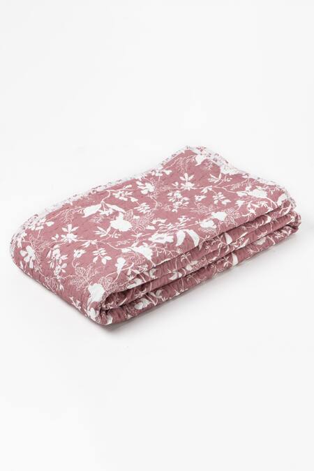 Shop_Vvyom By Shuchita_Pink Shell And Filler 100% Cotton Bahaarbloom Lotus Reversible Bedcover Set_Online_at_Aza_Fashions