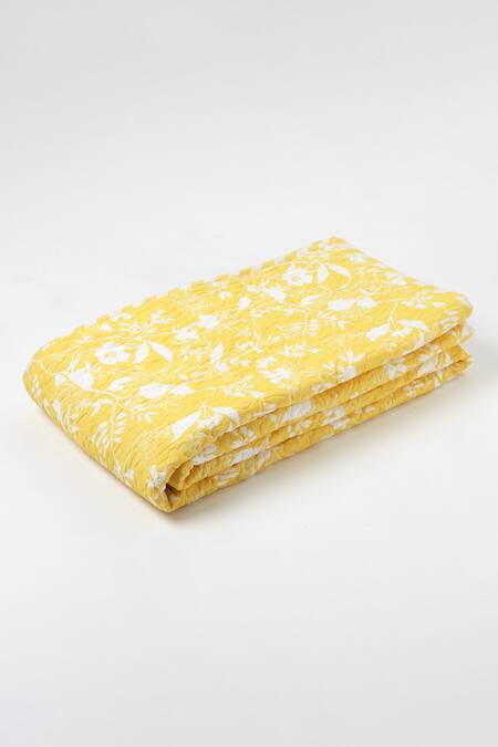Shop_Vvyom By Shuchita_Yellow Shell And Filler 100% Cotton Bahaarbloom Marigold Reversible Bedcover Set_Online_at_Aza_Fashions