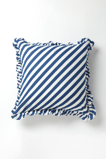 vVyom By Shuchita Blue Shell 100% Cotton Stripe Pattern And Thread Work Color Block Cushion