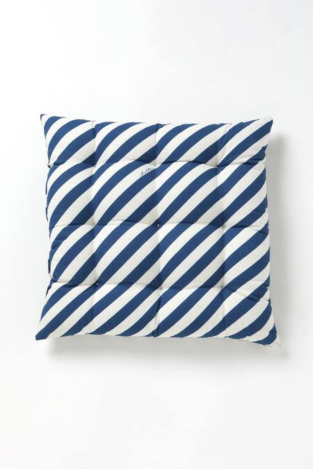 vVyom By Shuchita Blue Shell 100% Cotton Stripe And Tufted Color Block Reversible Cushion Seat