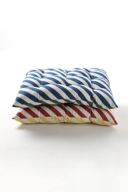 Shop Vvyom By Shuchita Blue Shell 100% Cotton, Filler Fibre Color Block Reversible Cushion Seat at Aza Fashions Shop_Vvyom By Shuchita_Blue Shell 100% Cotton, Filler Fibre Color Block Reversible Cushion Seat_at_Aza_Fashions