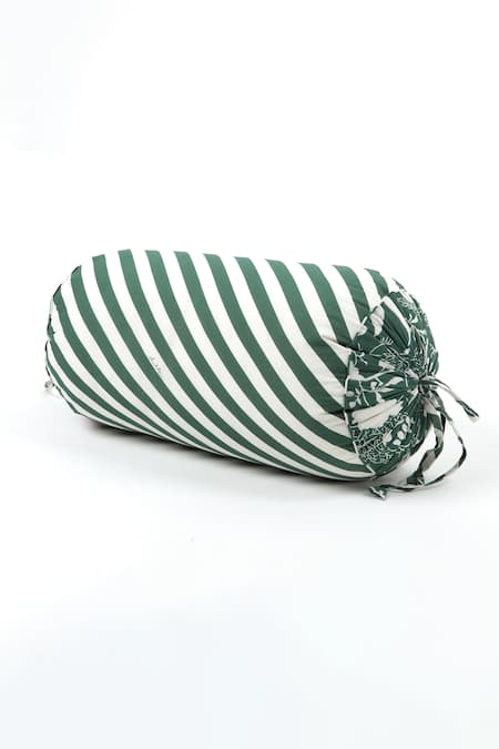 vVyom By Shuchita Green Shell 100% Cotton Stripe Pattern And Thread Work Color Block Bolster