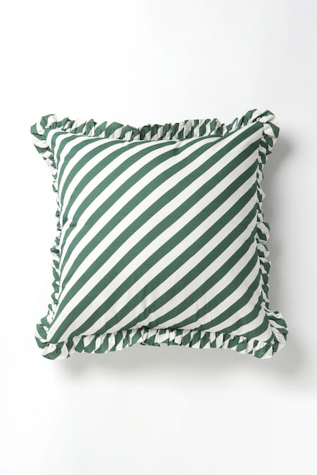 vVyom By Shuchita Green Shell 100% Cotton Stripe Pattern And Thread Work Color Block Cushion