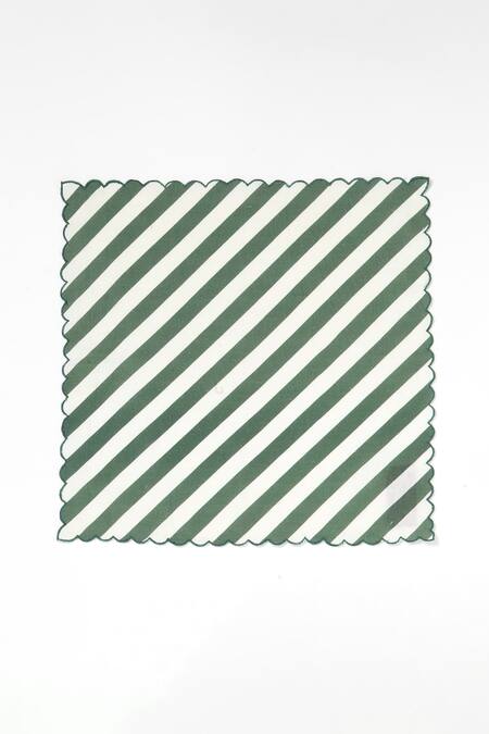 Vvyom By Shuchita Green Linen (30% Stripe Pattern 4 Pcs Color Block Napkin Set