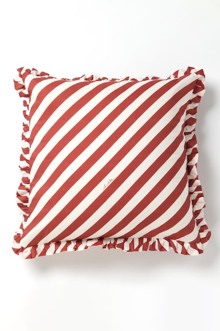 vVyom By Shuchita Red Shell 100% Cotton Stripe Pattern And Thread Work Color Block Cushion