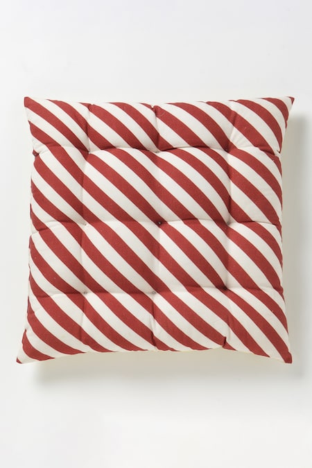 vVyom By Shuchita Red Shell 100% Cotton Stripe And Tufted Pattern. Color Block Cushion Seat