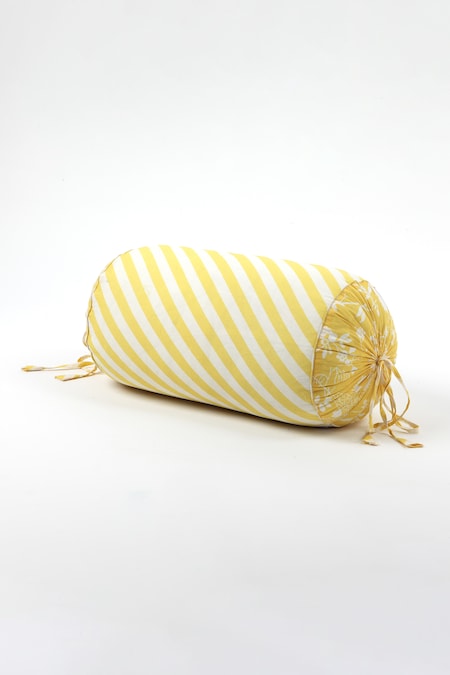 vVyom By Shuchita Yellow Shell 100% Cotton Stripe Pattern And Thread Work Bolster