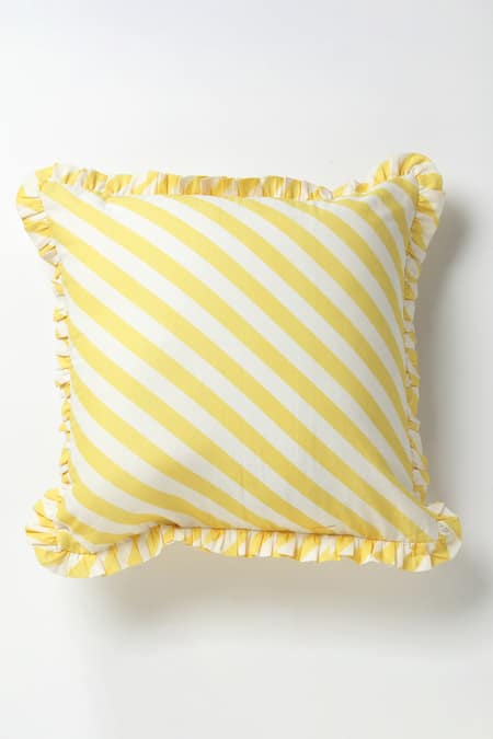 vVyom By Shuchita Yellow Shell 100% Cotton Stripe Pattern And Thread Work Frill Edged Cushion