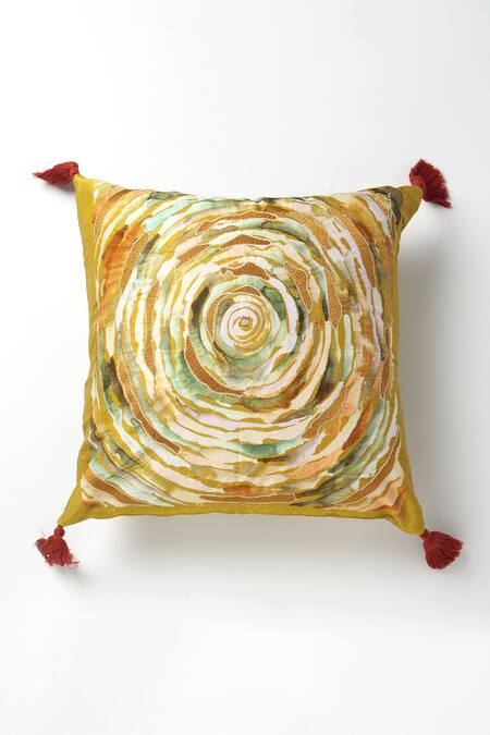 vVyom By Shuchita Yellow Shell Silk Mushroo Printed Tatva Sunsurya Cushion