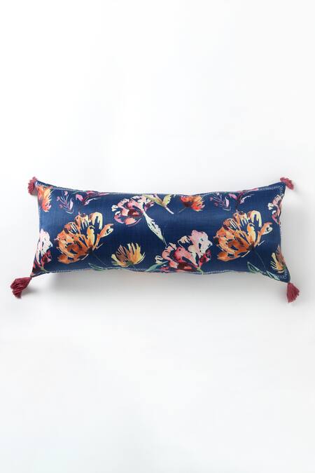 vVyom By Shuchita Blue Shell Silk Mushroo Printed Soundarya Neem Leaf Lumbar Cushion