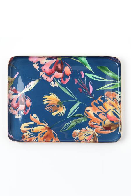 Vvyom By Shuchita_Blue Aluminium Metal Hand Painted, Printed Botanical Garden Tray 2 Pcs Set_Online_at_Aza_Fashions