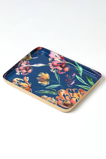 Buy_Vvyom By Shuchita_Blue Aluminium Metal Hand Painted, Printed Botanical Garden Tray 2 Pcs Set_Online_at_Aza_Fashions