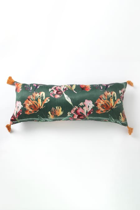 vVyom By Shuchita Green Shell Silk Mushroo Printed Soundarya Neem Leaf Lumbar Cushion