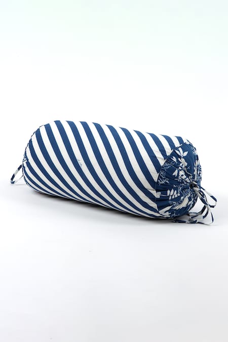 vVyom By Shuchita Blue Shell 100% Cotton Stripe Pattern And Thread Work Color Block Bolster