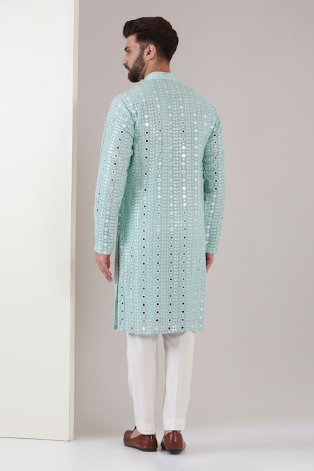 Shop Kasbah Blue Georgette, Cotton Mirrors, Embroidery Work Kurta And Pant Set at Aza Fashions Shop_Kasbah_Blue Georgette, Cotton Mirrors, Embroidery Work Kurta And Pant Set _at_Aza_Fashions